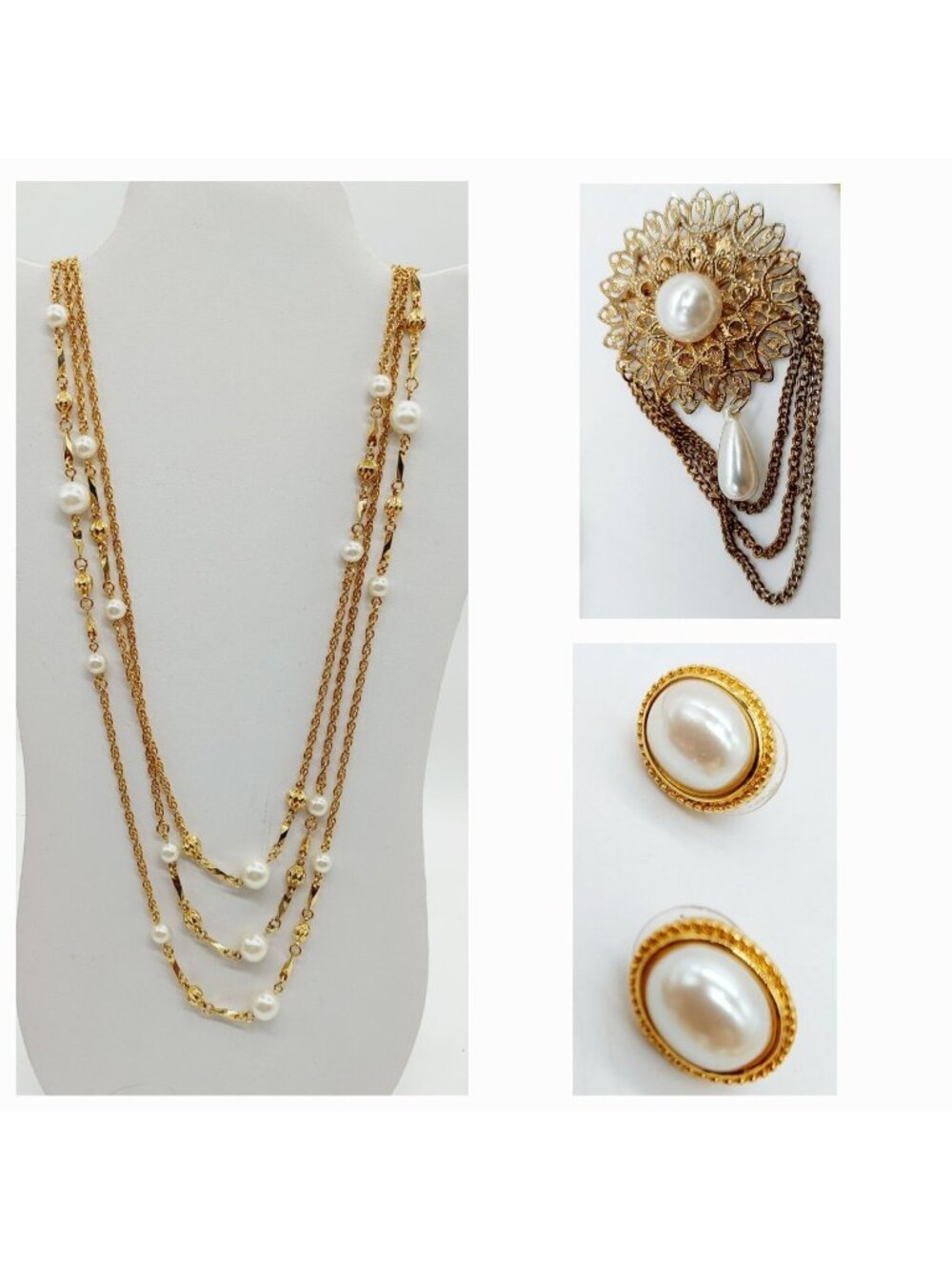 Gold Tone Faux Pearl Multi Strand Necklace Pin & Earrings Read